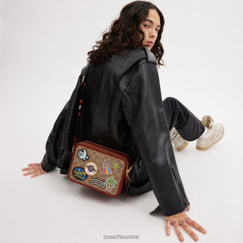 Coach miehet cosmic linja-auto charter crossbody 24 signature canvas ja paikat tan/rust multi VF6B6652